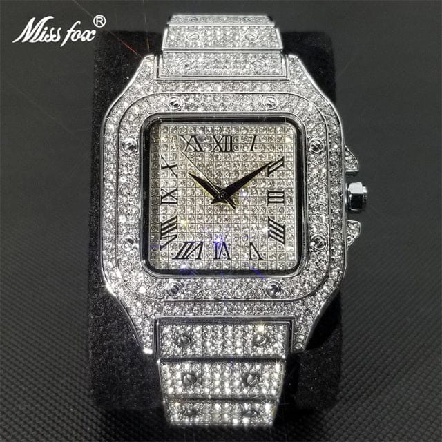 Men's Gold or Silver Square Luxury Watch by Miss Fox  Pioneer Kitty Market V324 Silver  