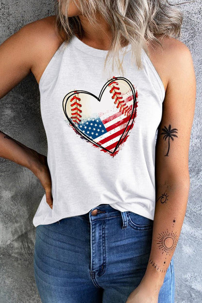 Women's US Flag Baseball Heart Graphic Tank Top Shirts & Tops Pioneer Kitty Market White XS 
