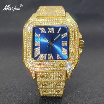 Men's Ice Out Diamond Square Watch by Miss Fox  Pioneer Kitty Market Gold Blue  