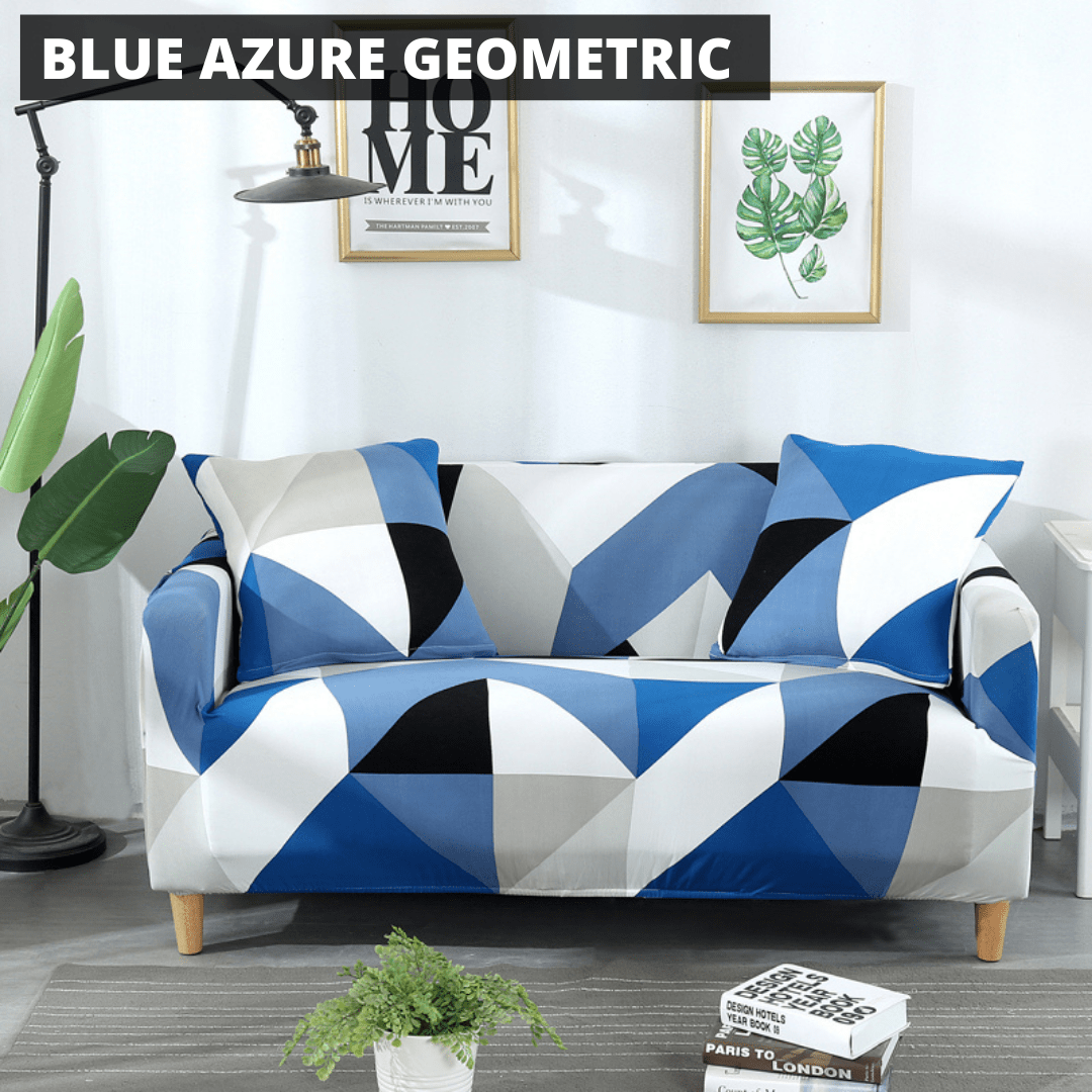 Printworks Stretch Sofa Cover Home Decor Pioneer Kitty Market Blue Azure Geometric 2 X Pillow Covers (45x45cm) 
