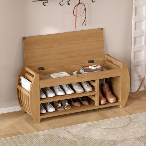 Retro Multifunctional Cushioned Storage Bench Home PKM Natural