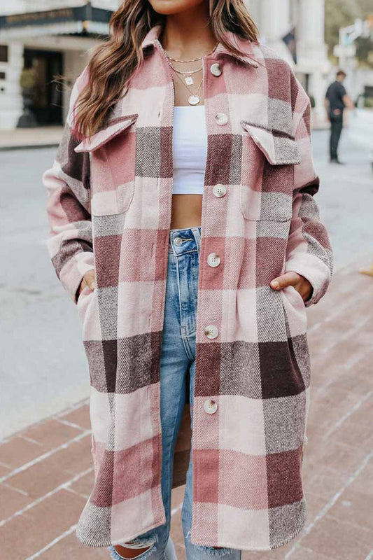 Plaid Button Up Dropped Shoulder Coat Jackets Pioneer Kitty Market Dusty Pink S 