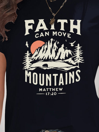 Women's Faith Can Move Mountains Graphic Round Neck Short Sleeve T-Shirt Shirts & Tops Pioneer Kitty Market   