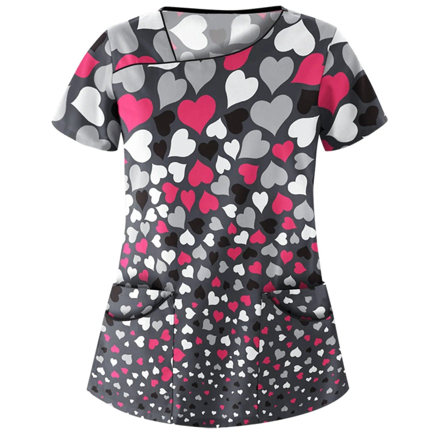 Women's Whimsical Print Stretch Medical Scrub Top  Pioneer Kitty Market S Hearts 