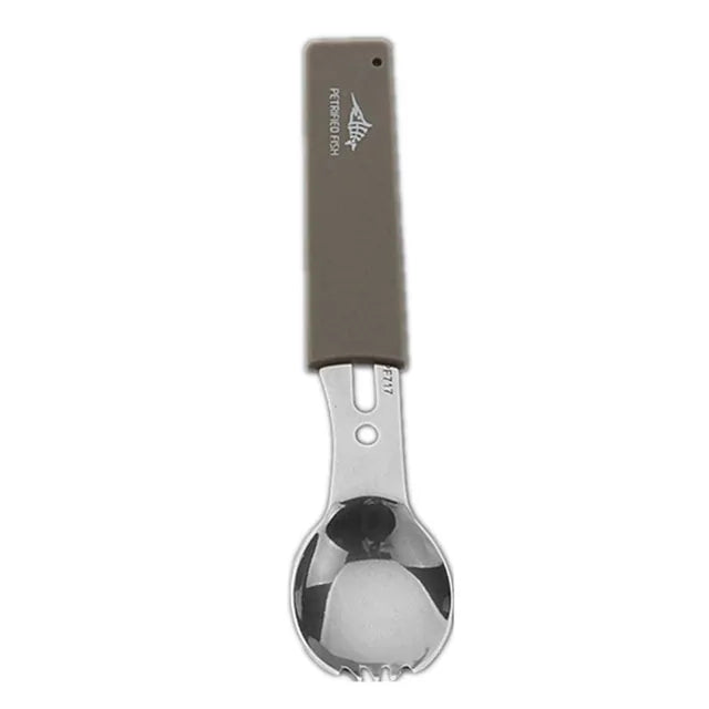 Multifunctional Stainless Steel Camping Knife and Spork (Spoon and Fork) utensil Pioneer Kitty Market Silve and Khaki Set  