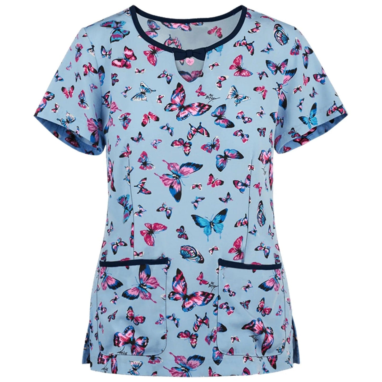 Women's Whimsical Print Stretch Medical Scrub Top  Pioneer Kitty Market S Butterflies 