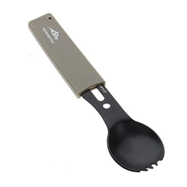 Multifunctional Stainless Steel Camping Knife and Spork (Spoon and Fork) utensil Pioneer Kitty Market Black and Khaki Set  