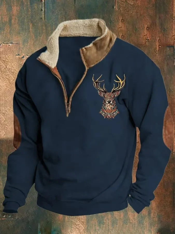 Men's Printed Half-Zip Fleece Sweater Pioneer Kitty Market Blue Deer S