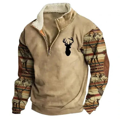 Men's Printed Half-Zip Fleece Sweater Pioneer Kitty Market Khaki Black Deer S