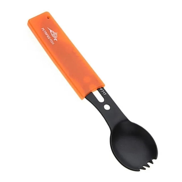 Multifunctional Stainless Steel Camping Knife and Spork (Spoon and Fork) utensil Pioneer Kitty Market Black and Orange Set  
