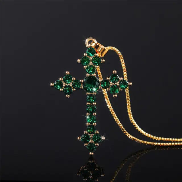Brass and Zirconia Christian Cross Necklace for Women  Pioneer Kitty Market Green Cross  