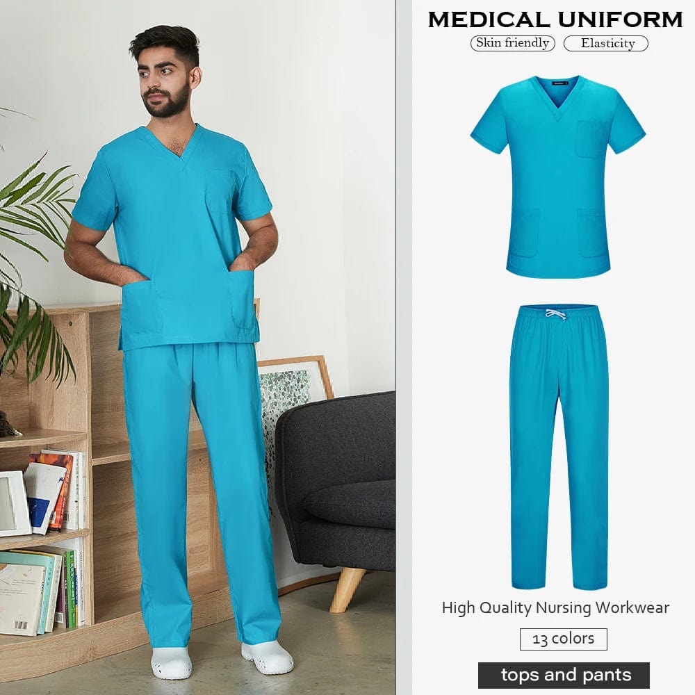 Men's Solid Color Medical Scrub Uniform Set  Pioneer Kitty Market S Lake Blue 