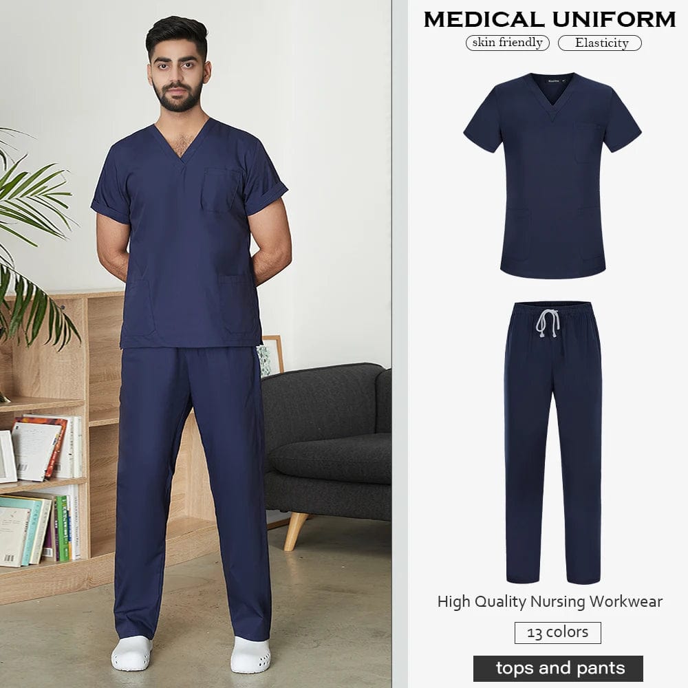 Men's Solid Color Medical Scrub Uniform Set  Pioneer Kitty Market S Navy Blue 