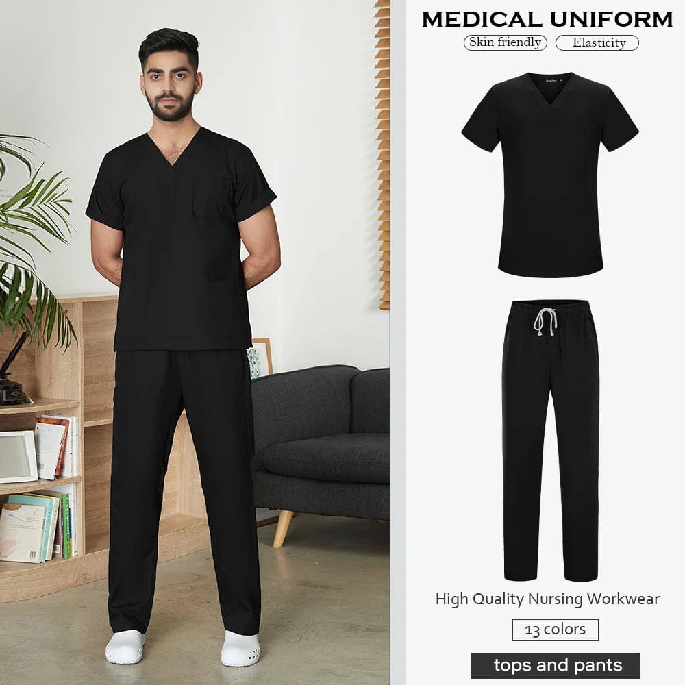 Men's Solid Color Medical Scrub Uniform Set  Pioneer Kitty Market S Black 