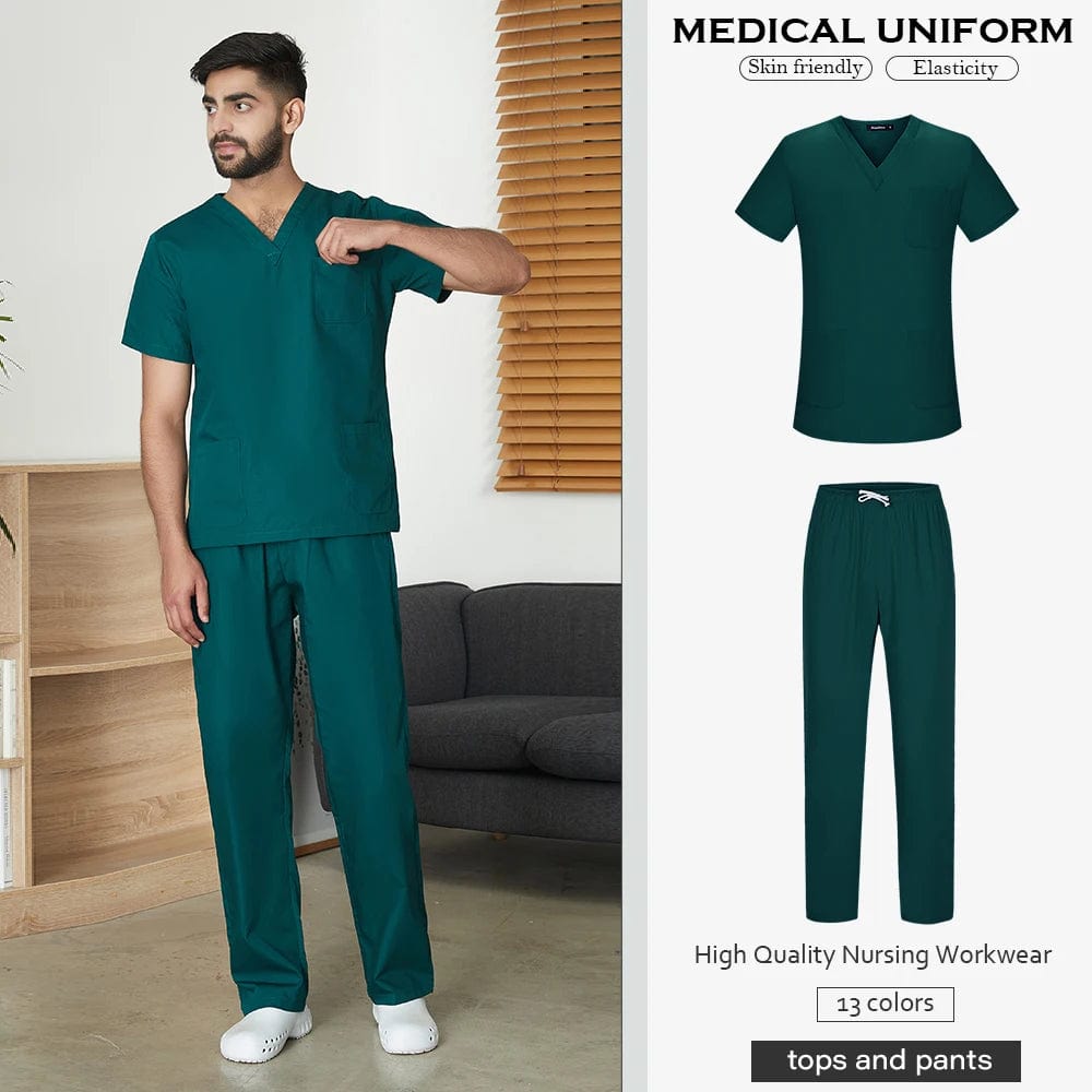 Men's Solid Color Medical Scrub Uniform Set  Pioneer Kitty Market S Dark Green 