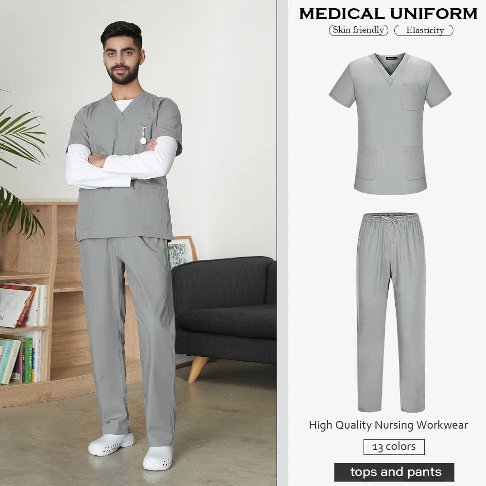 Men's Solid Color Medical Scrub Uniform Set  Pioneer Kitty Market S Grey 