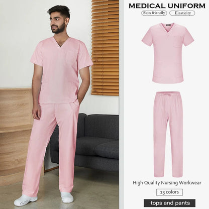 Men's Solid Color Medical Scrub Uniform Set  Pioneer Kitty Market S Light Pink 