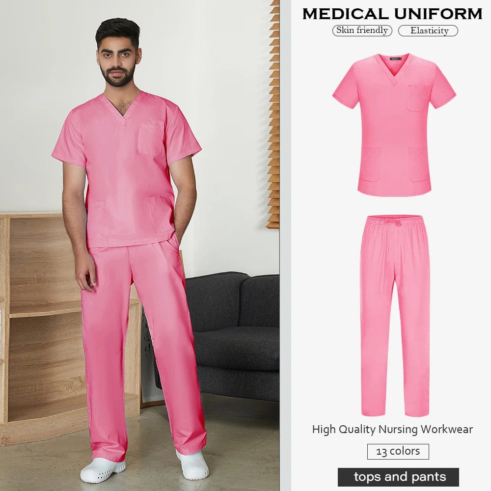 Men's Solid Color Medical Scrub Uniform Set  Pioneer Kitty Market S Dark Pink 