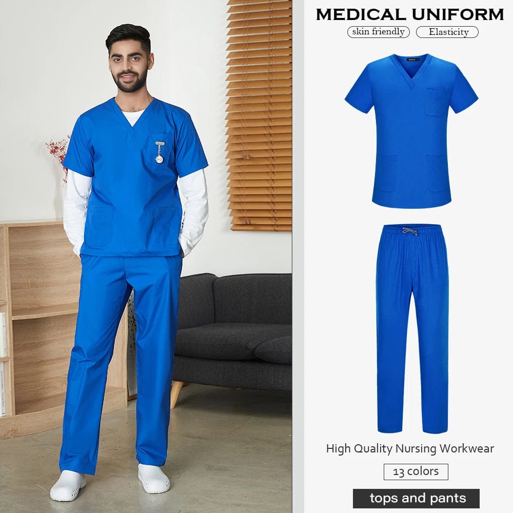 Men's Solid Color Medical Scrub Uniform Set  Pioneer Kitty Market S Royal Blue 