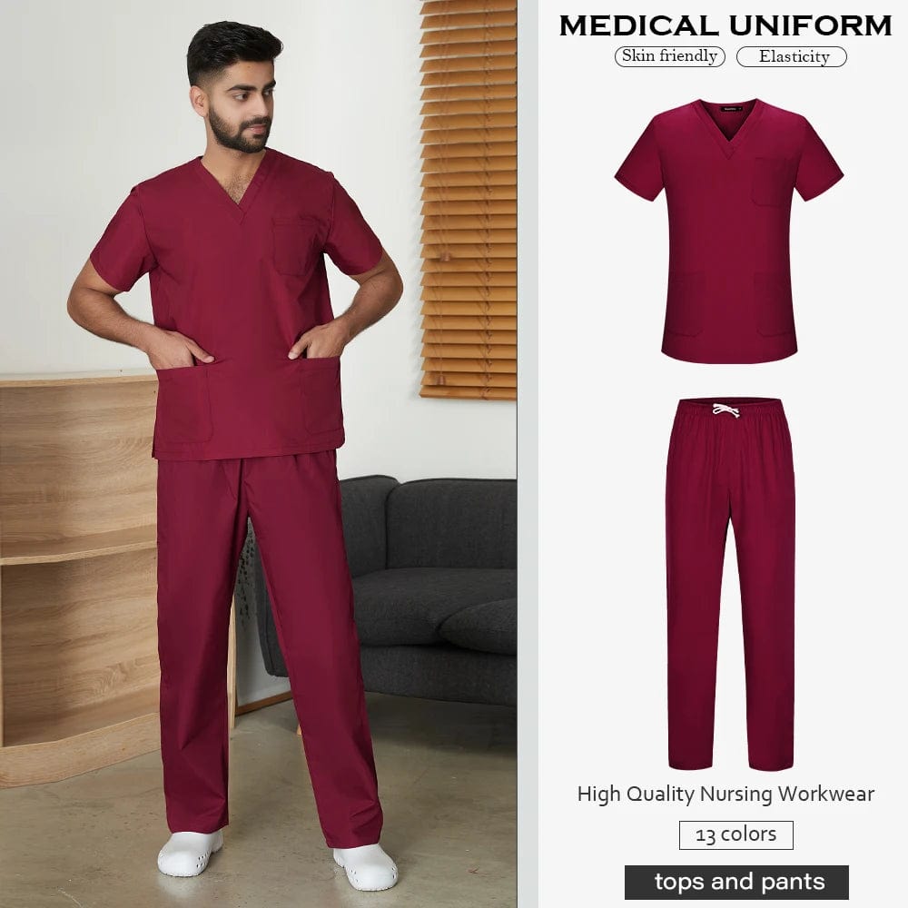 Men's Solid Color Medical Scrub Uniform Set  Pioneer Kitty Market S Burgundy 