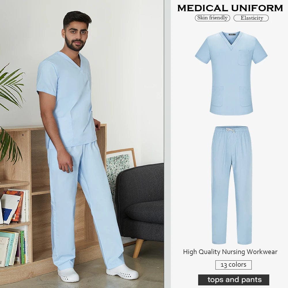 Men's Solid Color Medical Scrub Uniform Set  Pioneer Kitty Market S Sky Blue 