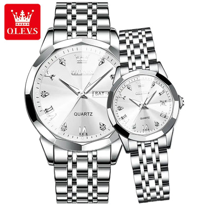 Olevs Diamond His & Hers 3D Watch Set Watches  Pioneer Kitty Market White SIlver  