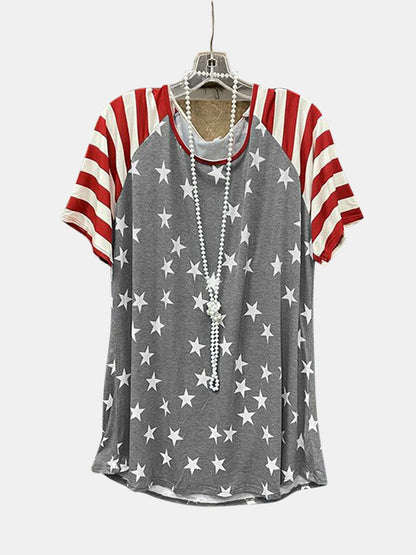 Women's Stars and Stripes Round Neck Short-Sleeved T-Shirt Shirts & Tops Pioneer Kitty Market Gray S 