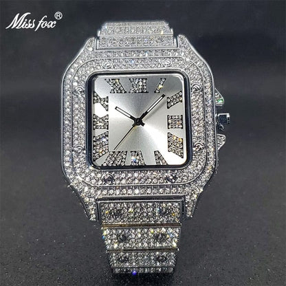 Men's Ice Out Diamond Square Watch by Miss Fox  Pioneer Kitty Market Silver Black  