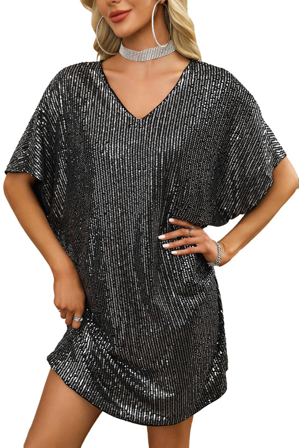 Dark Grey Sequin V Neck Dolman Sleeve Shift Dress Dresses/Sequin Dresses Pioneer Kitty Market   