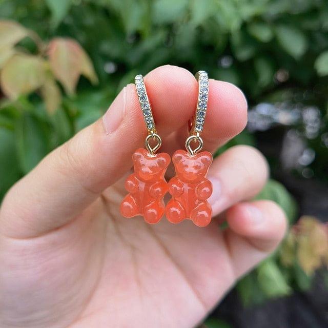 Korean Inspired Acrylic Gummy Teddy Bear Dangle Earrings Jewelry Pioneer Kitty Market Orange  