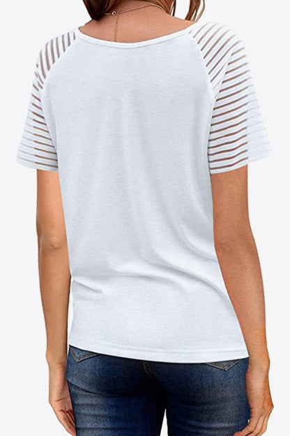 Women's V-Neck Raglan Mesh-Striped Sleeve T-Shirt Shirts & Tops Pioneer Kitty Market   