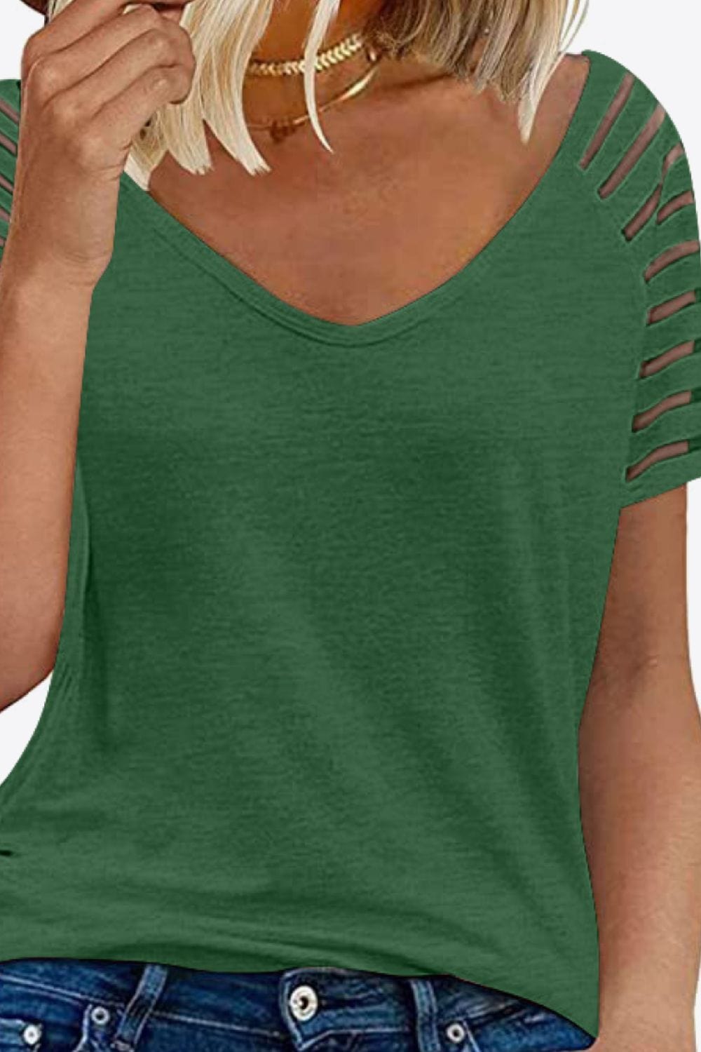 Women's V-Neck Raglan Mesh-Striped Sleeve T-Shirt Shirts & Tops Pioneer Kitty Market   