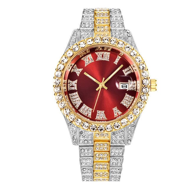 Men's Luxury Diamond Bezel Roman Numeral Wrist Watch  Pioneer Kitty Market Red Gold Silver  