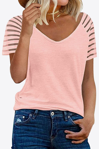 Women's V-Neck Raglan Mesh-Striped Sleeve T-Shirt Shirts & Tops Pioneer Kitty Market Peach S 