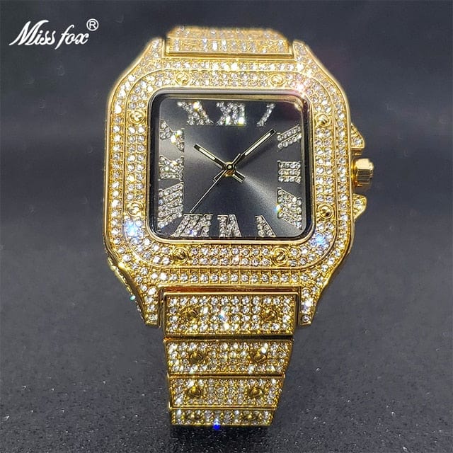 Men's Ice Out Diamond Square Watch by Miss Fox  Pioneer Kitty Market Gold Black  