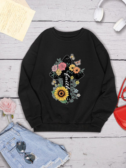 Women's Christian Faith Floral Cross Graphic Sweatshirt Shirts & Tops Pioneer Kitty Market   