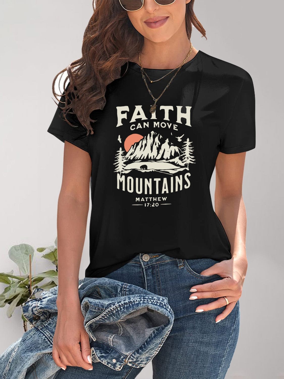 Women's Faith Can Move Mountains Graphic Round Neck Short Sleeve T-Shirt Shirts & Tops Pioneer Kitty Market   