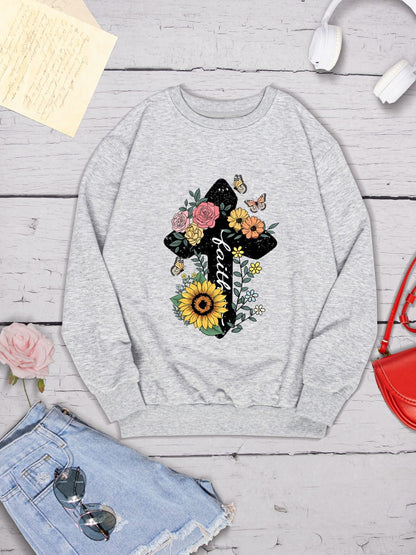 Women's Christian Faith Floral Cross Graphic Sweatshirt Shirts & Tops Pioneer Kitty Market   