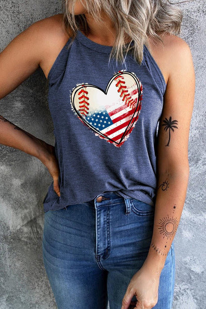 Women's US Flag Baseball Heart Graphic Tank Top Shirts & Tops Pioneer Kitty Market Dusty  Blue XS 