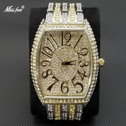 Men's Popular Tonneau Diamond Luxury Watch by Miss Fox  Pioneer Kitty Market Gold Silver  