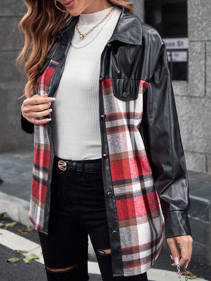 Women's Plaid Pleather Button-Up Dropped Shoulder Jacket Jackets Pioneer Kitty Market   