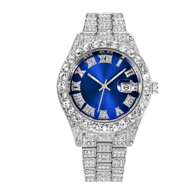 Men's Luxury Diamond Bezel Roman Numeral Wrist Watch  Pioneer Kitty Market Blue Silver  