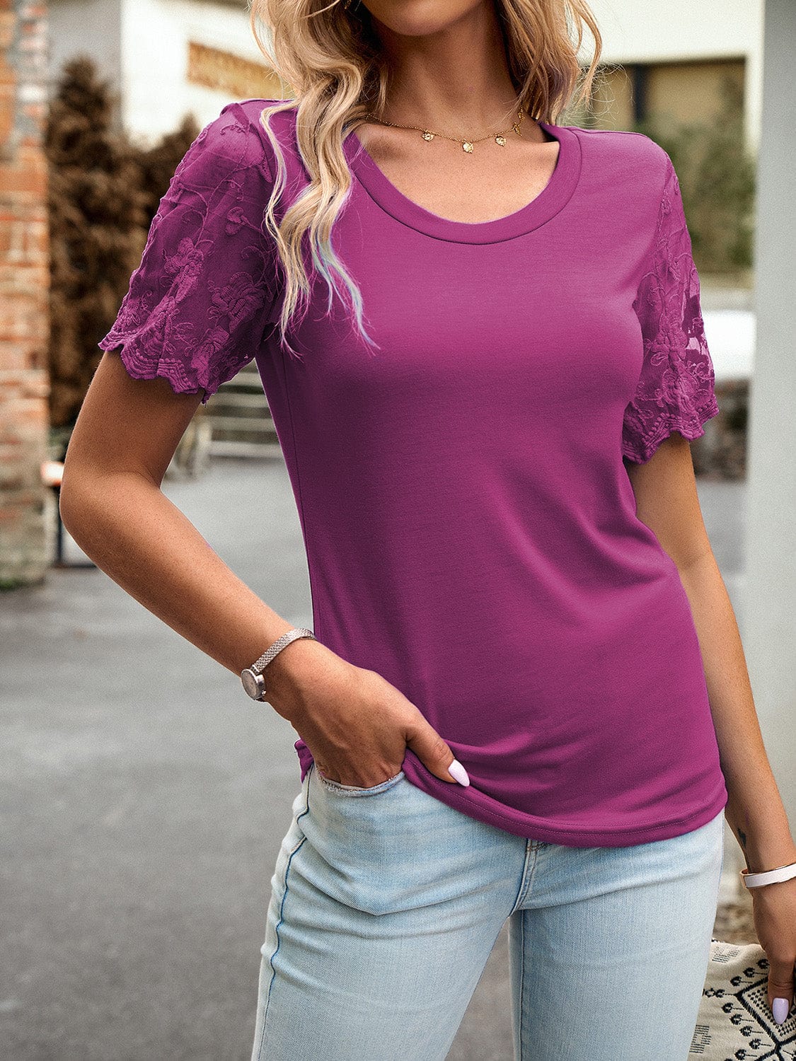 Women's Lace Detail Round Neck Short-Sleeved Shirt Shirts & Tops Pioneer Kitty Market Magenta S 