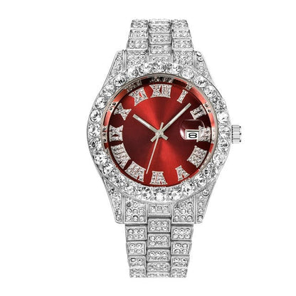 Men's Luxury Diamond Bezel Roman Numeral Wrist Watch  Pioneer Kitty Market Red Silver  