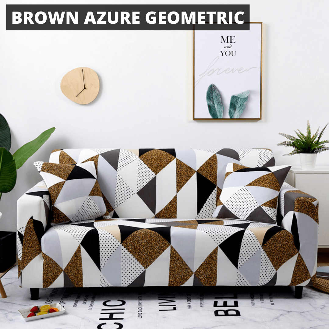 Printworks Stretch Sofa Cover Home Decor Pioneer Kitty Market Brown Azure Geometric 2 X Pillow Covers (45x45cm) 