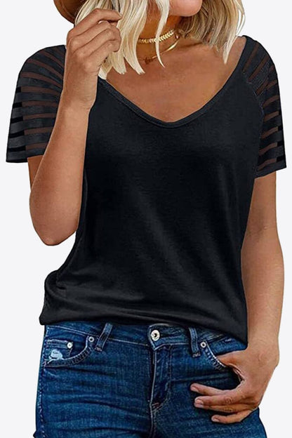 Women's V-Neck Raglan Mesh-Striped Sleeve T-Shirt Shirts & Tops Pioneer Kitty Market Black S 