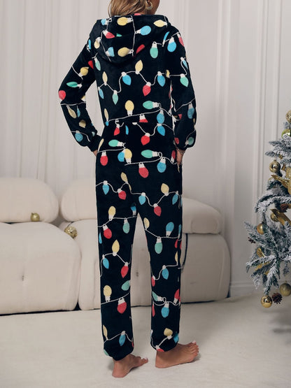 Women's Christmas Lights Zipper Front Hooded Onesie Jumpsuit with Pockets Pajama Set Pioneer Kitty Market   