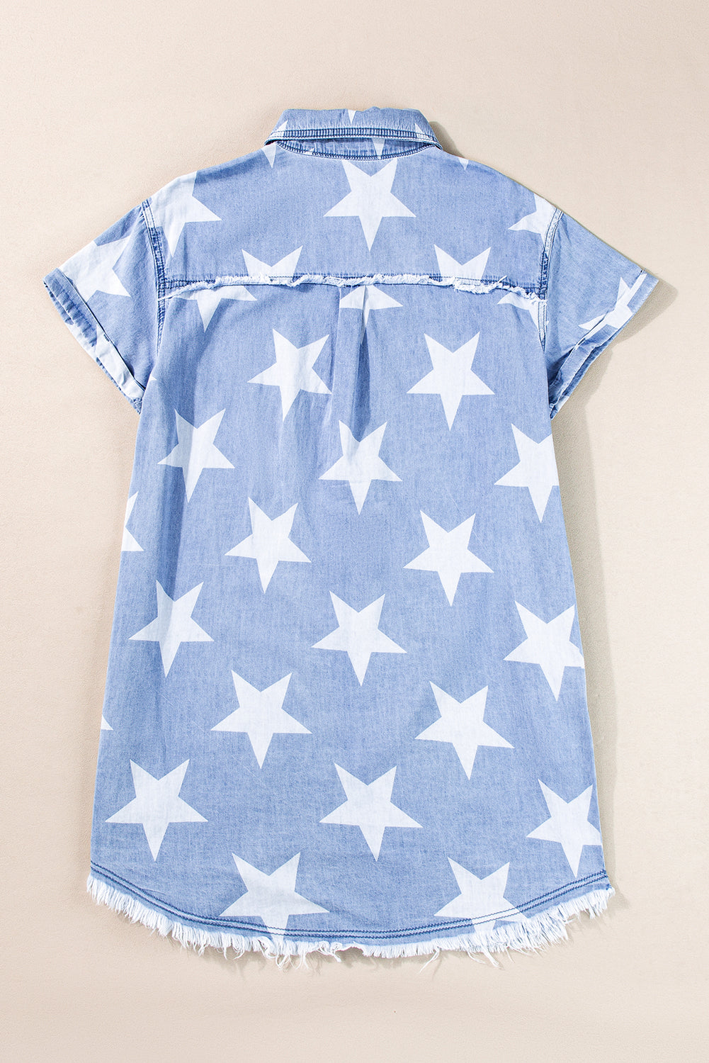 Sky Blue Stars Frayed Hem Collared Short Sleeve Denim Dress Dresses/Mini Dresses Pioneer Kitty Market   