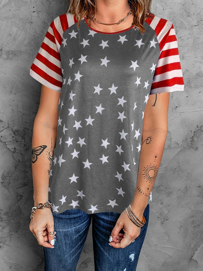 Women's Stars and Stripes Round Neck Short-Sleeved T-Shirt Shirts & Tops Pioneer Kitty Market   