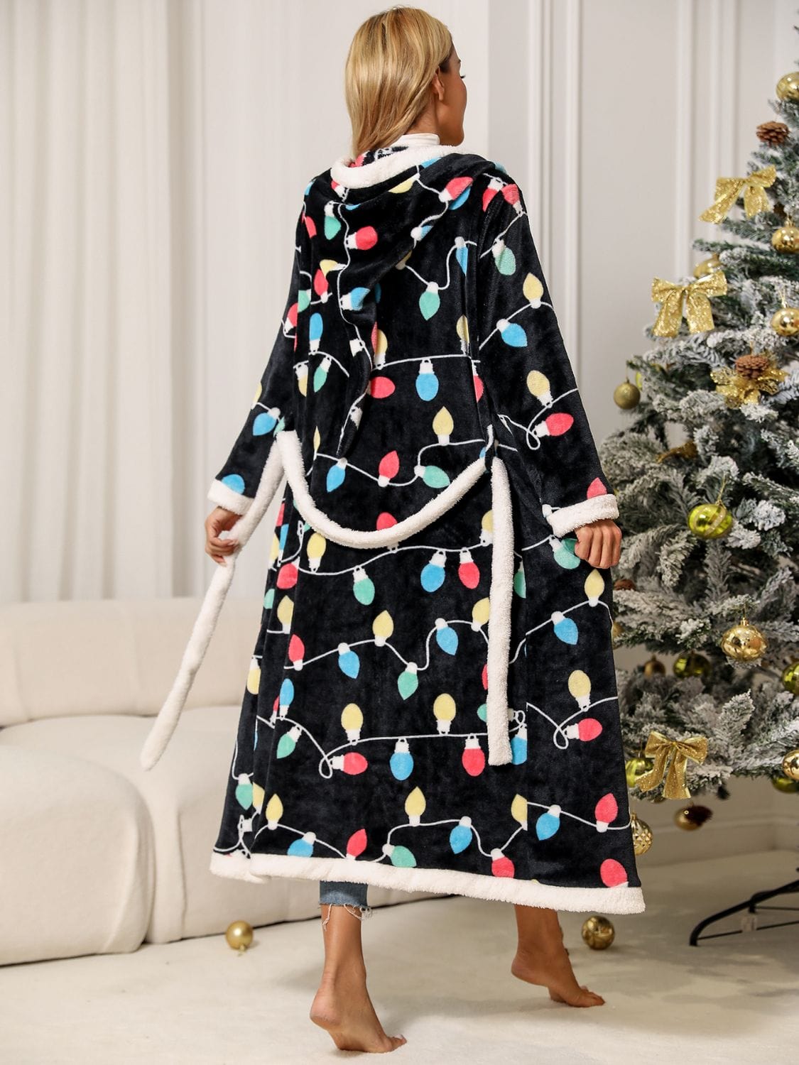 Women's Christmas Lights Tie Waist Hooded Robe Robe Pioneer Kitty Market   